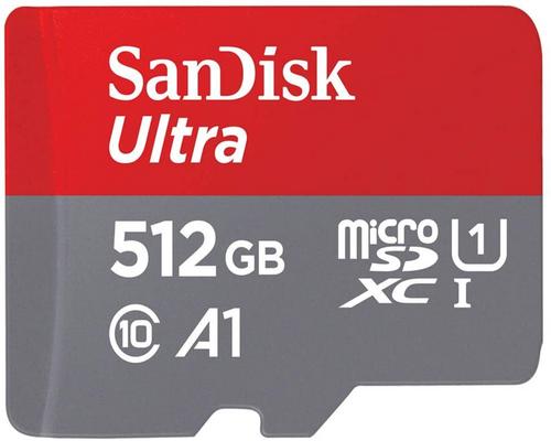 en SanDisk 512 GB Ultra Sdxc-hukommelseskort + SD-adapter