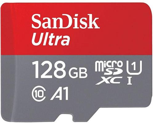 en SanDisk SDHC Ultra 128 GB kort + SD-adapter