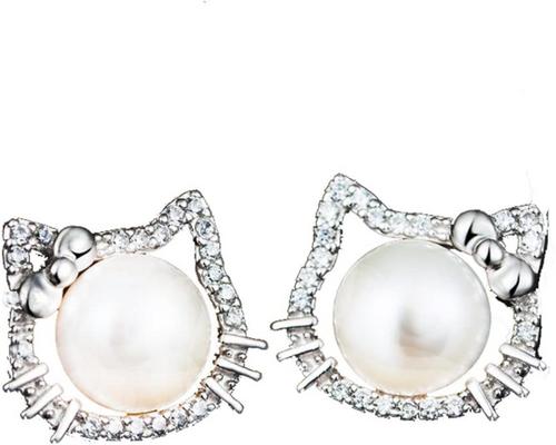 Un paio di perline Findout Orecchini in argento sterling con perla d&#39;acqua dolce e zirconi cubici Hello Kitty Cat Love Fashion