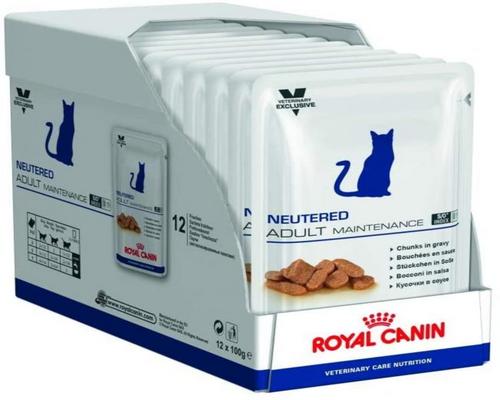 una confezione di cibo Royal Canin Cat Neutered Adult Maintenance Cat 100 G