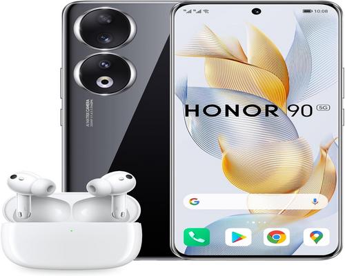 En Honor 90-smartphone med øretelefoner 3 Pro-hovedtelefoner