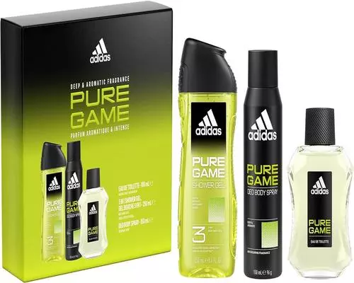 ein Adidas Pure Game Geschenkset mit Eau de Toilette, 3-in-1-Duschgel und Deodorant